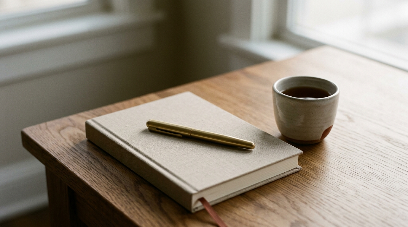 A journal with a gold pen and a cup of tea on a wooden table by the window