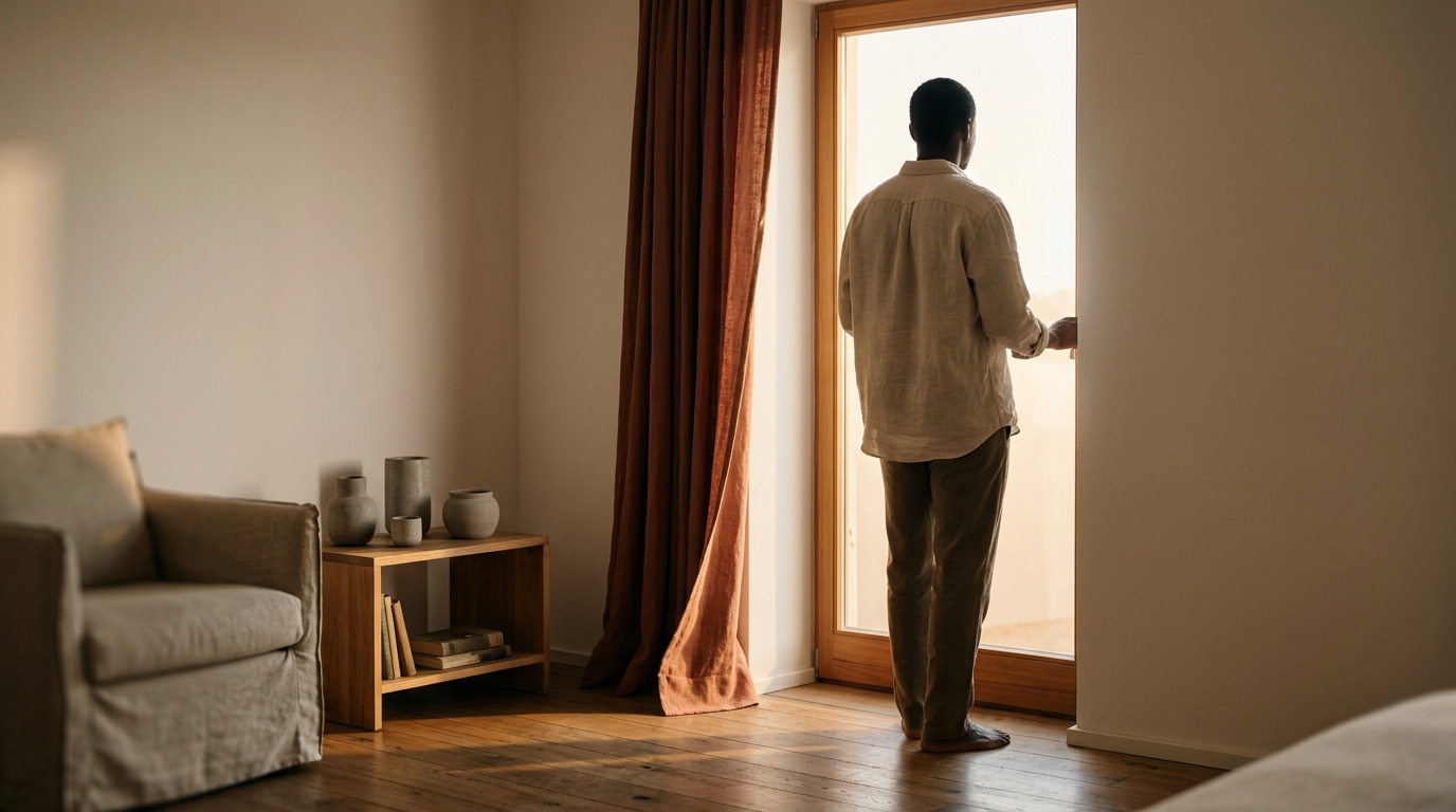 Person steht an einem hellen Fenster in einem ruhigen, warmen Raum