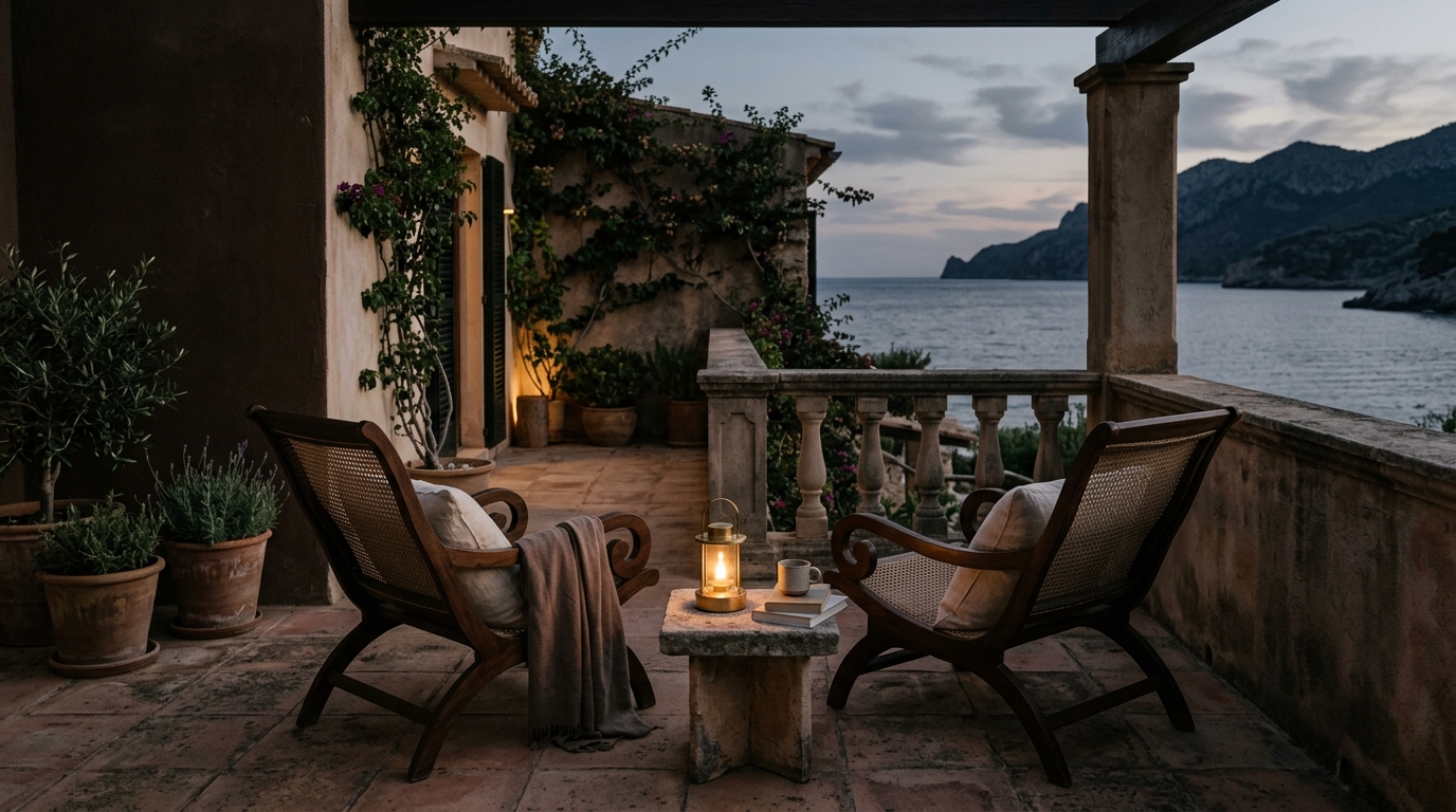 A quiet villa terrace at dusk overlooking the sea